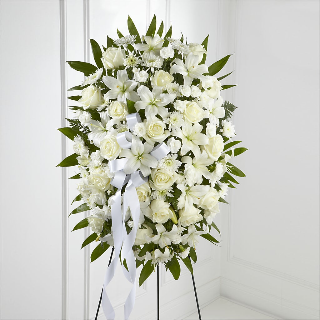 Exquisite Tribute Standing Spray-White Ribbon – The Blessed Florist, Brandon FL