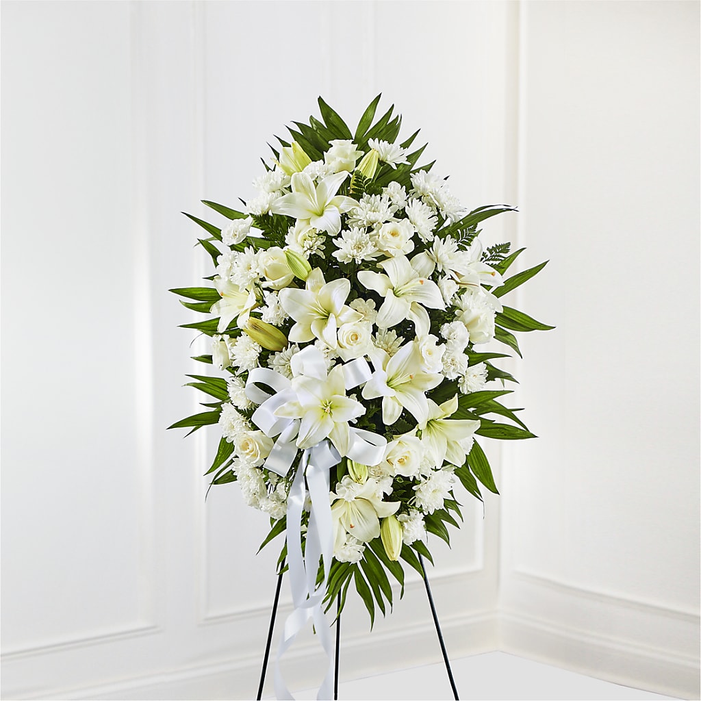 Exquisite Tribute Standing Spray-White Ribbon – The Blessed Florist, Brandon FL